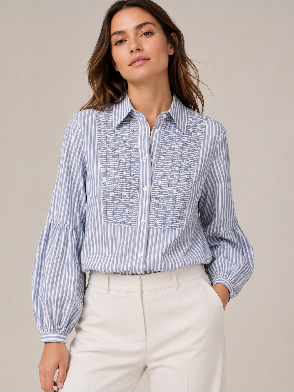 Anthropologie Fine Garments by Bell Blue Striped Ruffle Cotton Blouse 6
